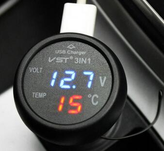 三合一多功能汽车电压表 车载温度计 USB车载手机充电器充电头